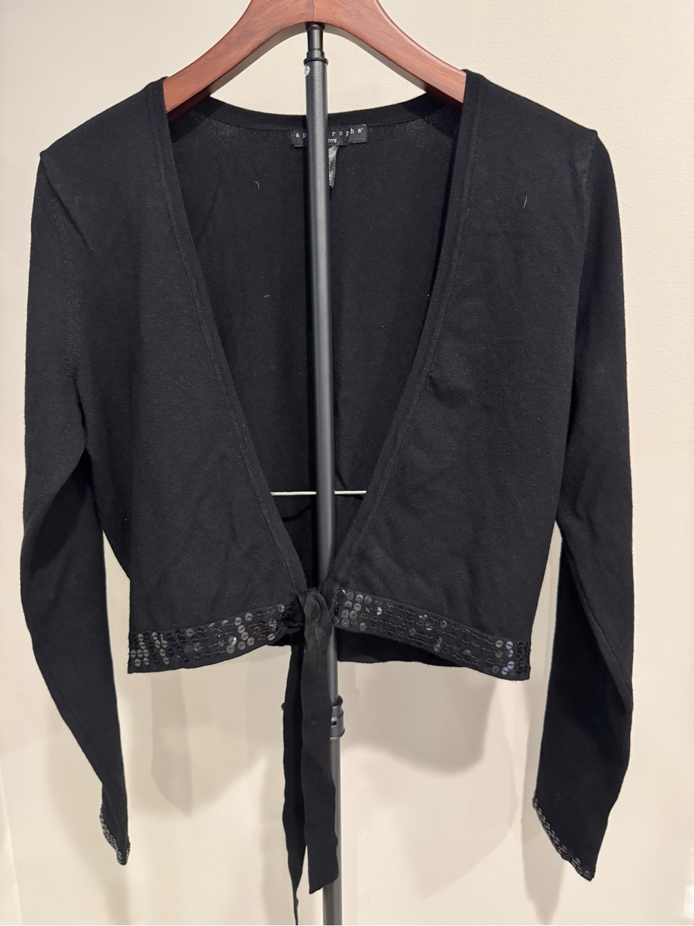 Apostrophe Womens Black Cropped Tie-Front Cardigan with Sequin Trim Siren Glam M